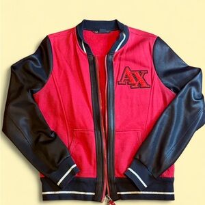 Armani Exchange Red and Black Letterman Bomber Jacket